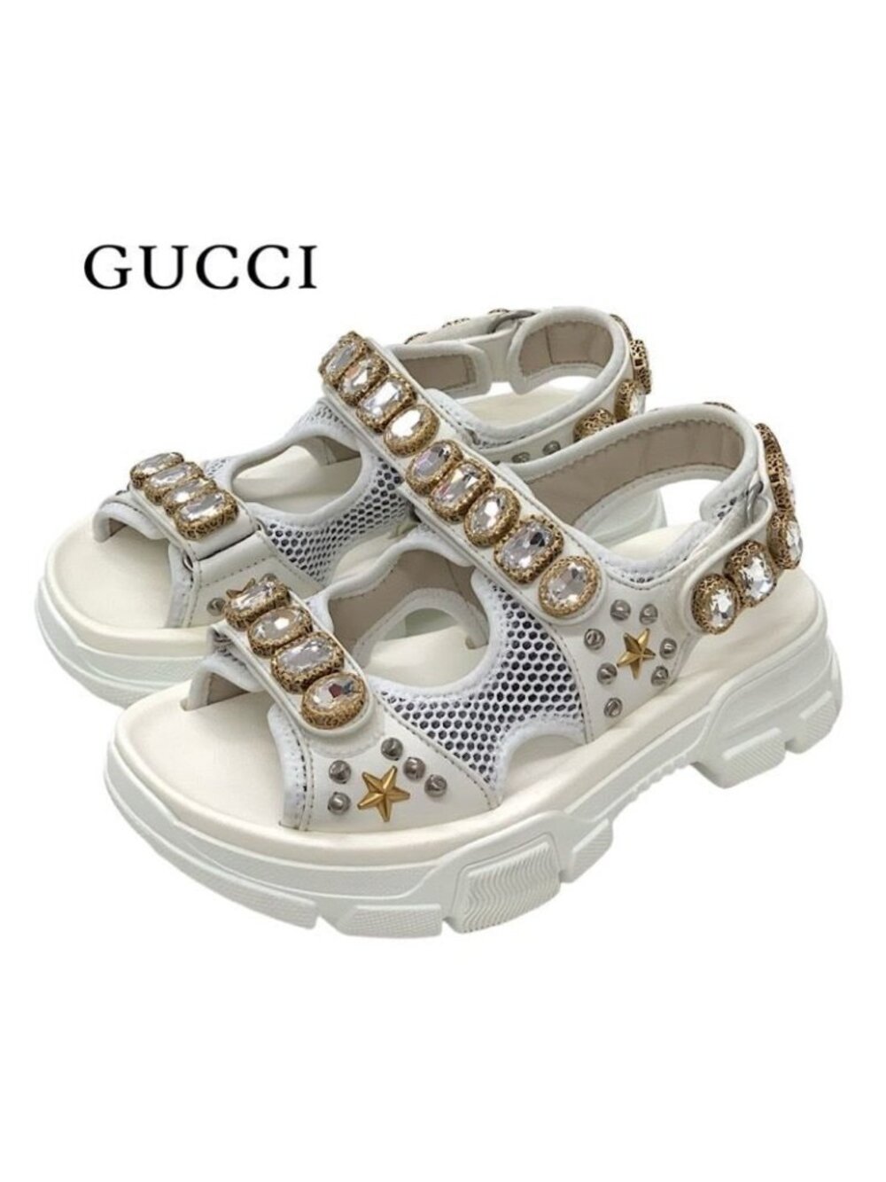 Gucci Sandals Shoes Mesh Leather White Gold Silver Sports Flat - Picture 2 of 11